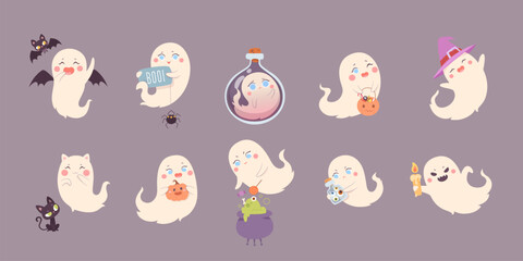 Set of cute halloween ghosts characters, spooky expression creature. Funny scary magic demons with pumpkin, black cat, bat, mystery creative nowaday vector clipart