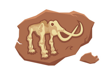 Mammoth fossil vector illustration. Cartoon isolated jurassic dino character silhouette inside underground stone, skeleton bones and skull of prehistoric dead animal, old mesozoic extinct monster