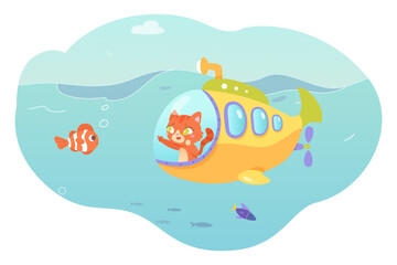 Fototapeta na wymiar Cute submarine with baby cat swimming in sea or ocean waters, marine adventure scene