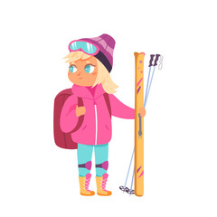 Cute girl skiing, kid with skiers gear and accessories standing, child holding skis