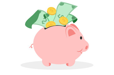 Flat design of saving money in piggy bank, saving salary in piggy bank, flat design of financial management, money management vector, piggy bank is fulled with money, coin and bank note vector.