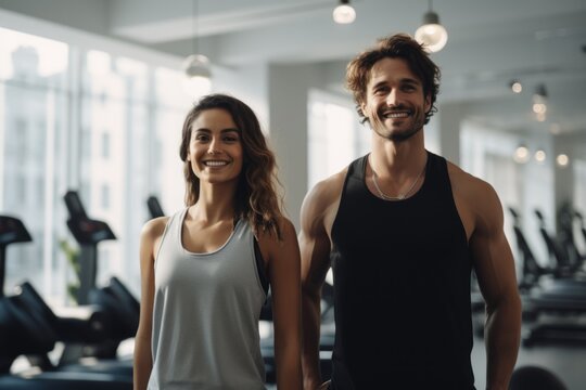 Man in his 40's with a muscular body wearing a black tank top and woman with an athletic body and tank top ready for a Yoga class at the gym after a day at work.