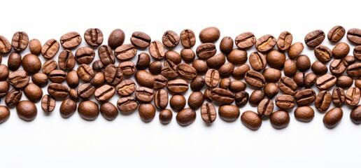 Panoramic coffee beans border isolated on white background 