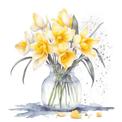Vase of daffodil clipart white background illustration created with AI generative technology tools