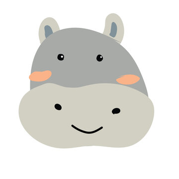 cute animal hippo portrait, face isolated in flat