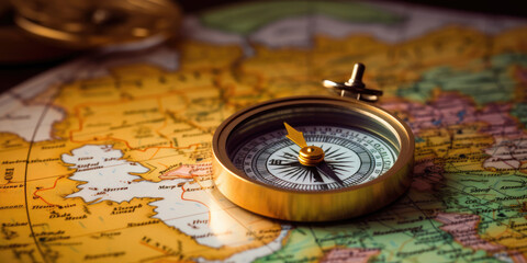 Fototapeta na wymiar Magnetic compass and location marking with a pin on routes on world map. Adventure, discovery, navigation, communication, logistics, geography, transport and travel theme concept background.