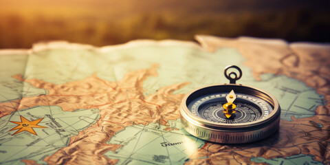 Magnetic compass and location marking with a pin on routes on world map. Adventure, discovery, navigation, communication, logistics, geography, transport and travel theme concept background.