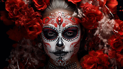 Day of The Dead Sugar Skull Mask. Carnival Day. Red Sugar Skull Woman. Sugar Skull Face. Generative AI. 