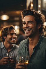 Attractive man laughs at friend while talking, enjoying sundowner drinks wine casual party, smirking. Image created using artificial intelligence.
