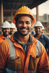 Happy of team construction worker working at construction site. Smiling construction worker in hard hat in group with a smile. Image created using artificial intelligence.