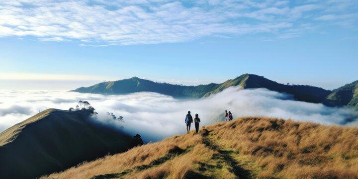 People or traveler walk on the Mountain hill with grass field with sea of fog or white clouds