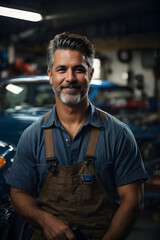 Obraz premium Portrait of a skilled car mechanic leaning on a vehicle in a garage, exuding pride and expertise in blue-collar craftsmanship, smirking. Image created using artificial intelligence.