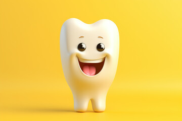 Tooth character with a happy smile on yellow background