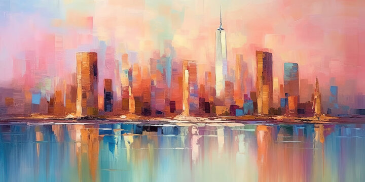 City View with Skyline Reflections on Water in Style of Pastel Colors Enchanted Luminous Brushstrokes © Image Lounge