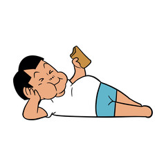 Boy character lying down while eating