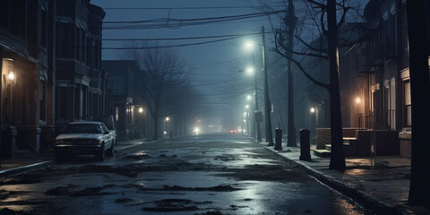 A desolate Street at Foggy Night by a Flickering Street Lamp - obrazy, fototapety, plakaty