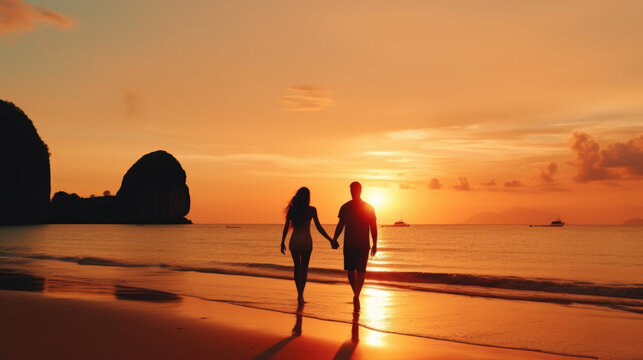 Romantic Middle Aged Couple Enjoying Beautiful Sunset Walk On The Beach Travel Vacation, Krabi Thailand