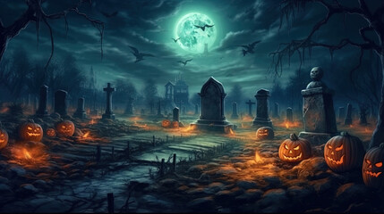 Gothic Pumpkin in a Spooky Graveyard at Night Concept of Holiday Event Halloween