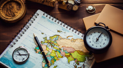 Travel, trip vacation, tourism mockup - close up of compass, glass of water note pad, pen and toy airplane, and touristic map on wooden table. Empty space you can place your text or information.