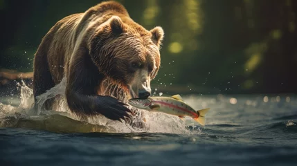 Fototapeten Bear catches salmon, AI generated Image © musa