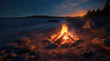 Travel Concept of Campfire During Sunset Evening Before Night at Beach