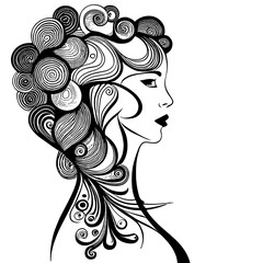 Sketch of Female profile silhouette. Art hairstyle black and white design.