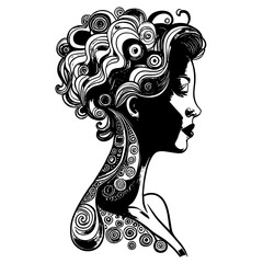 Sketch of Female profile silhouette. Art hairstyle black and white design.