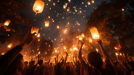 Loy krathong festival, thai new year party with floating lanterns. Generative Ai - obrazy, fototapety, plakaty