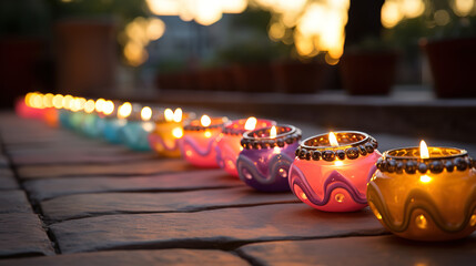 A row of clay diyas lit outside a house for diwali in India. Generative Ai