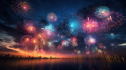 Fireworks in the sky, Bright color, ultra realistic. Generative Ai