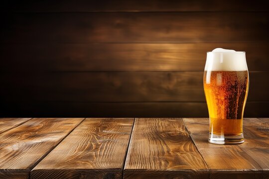 A hazy craft IPA beer with overflowing head in a tall glass on a wooden table against a black background