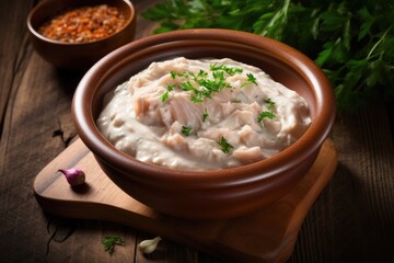 Fototapeta premium A bowl of creamy fish spread garnished with parsley and garlic, on a wooden cutting board.