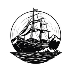 Black and white sailing ship logo, AI generated Image