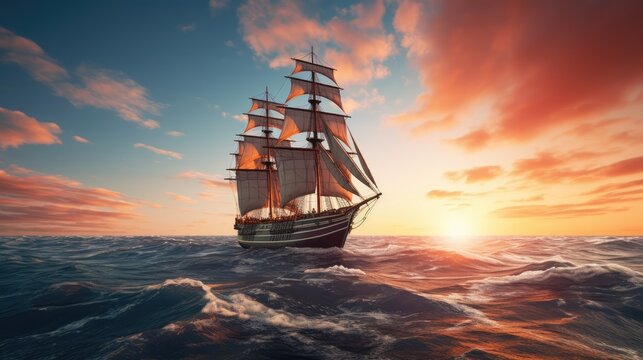 Sailing ship in the middle of the sea, AI generated Image