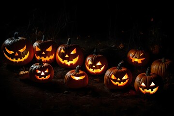 A group of cheerful Halloween pumpkins are resting together. The lanterns are lit, and it is a gloomy night. Inside of them, the lights are glowing.