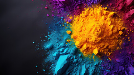 Top view of colorful holi powder with multicolored holi paint on dark background. Generative Ai