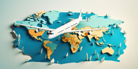 Travel the world. Travelling by plane. Airplane on a world map.