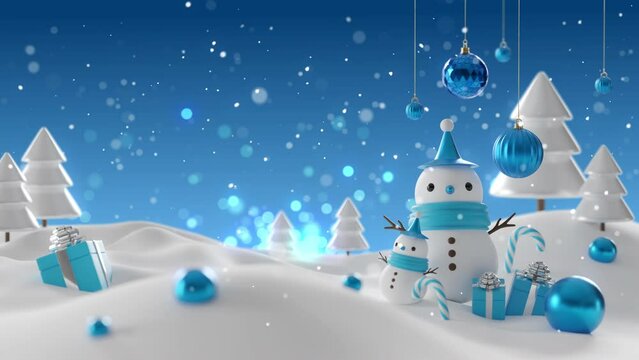 Cute snowman with blue christmas ball in bokeh snow background