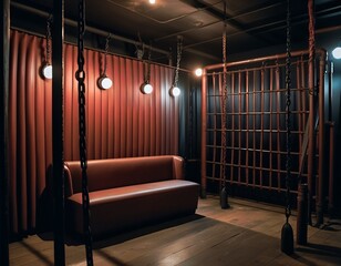 a room with a couch and chains from the ceiling - obrazy, fototapety, plakaty