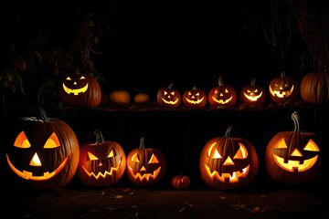Some Halloween pumpkins are lying together and smiling. It's a dark night and the lanterns are burning. The lights are burning inside them