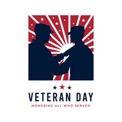 Veteran day logo background. Pinning badges of honor to US army soldier silhouette. Vector vintage illustration.