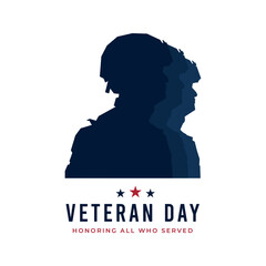 Veteran day logo with US army soldier silhouette. Vector background greeting text illustration.