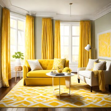 modern living room yellow curtins