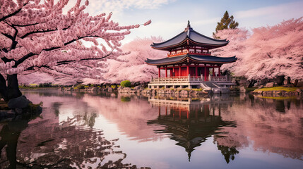Naklejka premium Cherry blossoms in full bloom by a serene temple. AI generative