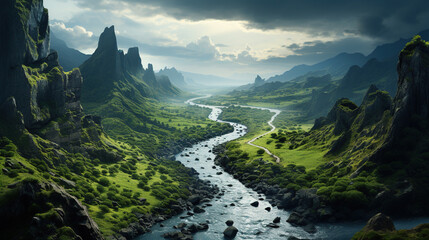 River Flowing in a Canyon Between Two Green Top Cliffs in The Valley