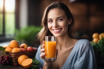 woman drinking orange juice in kitchen - Powered by Adobe