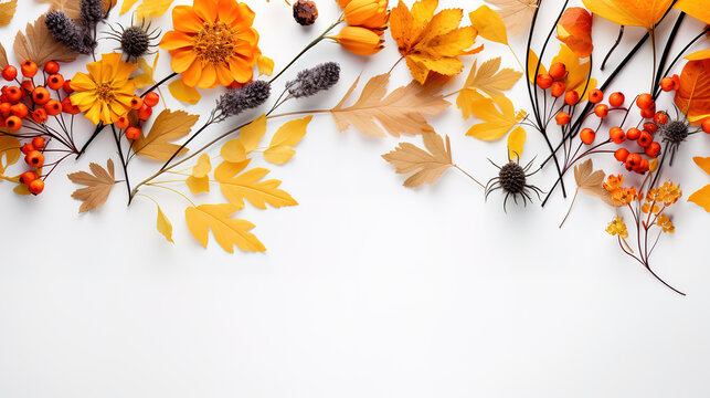 Autumn composition. Dried leaves, pumpkins, flowers, rowan berries on white background. Generative Ai