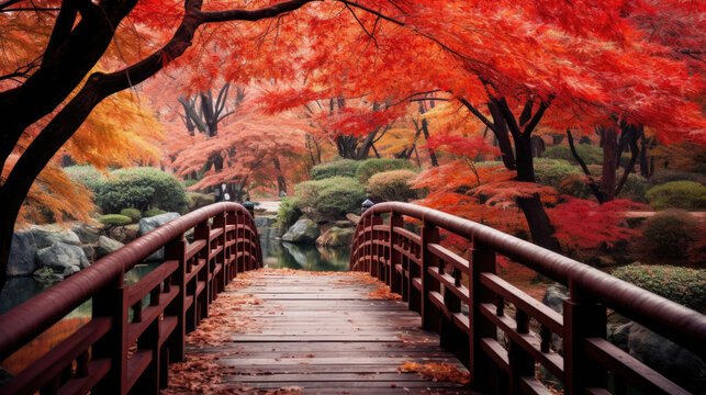 Wooden bridge in the autumn park, Japan autumn season, Kyoto Japan © Sasint