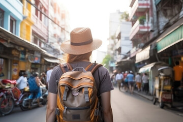 Young Asian traveling backpacker in Khaosan Road outdoor market in Bangkok, Thailand