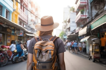 Fototapeta na wymiar Young Asian traveling backpacker in Khaosan Road outdoor market in Bangkok, Thailand